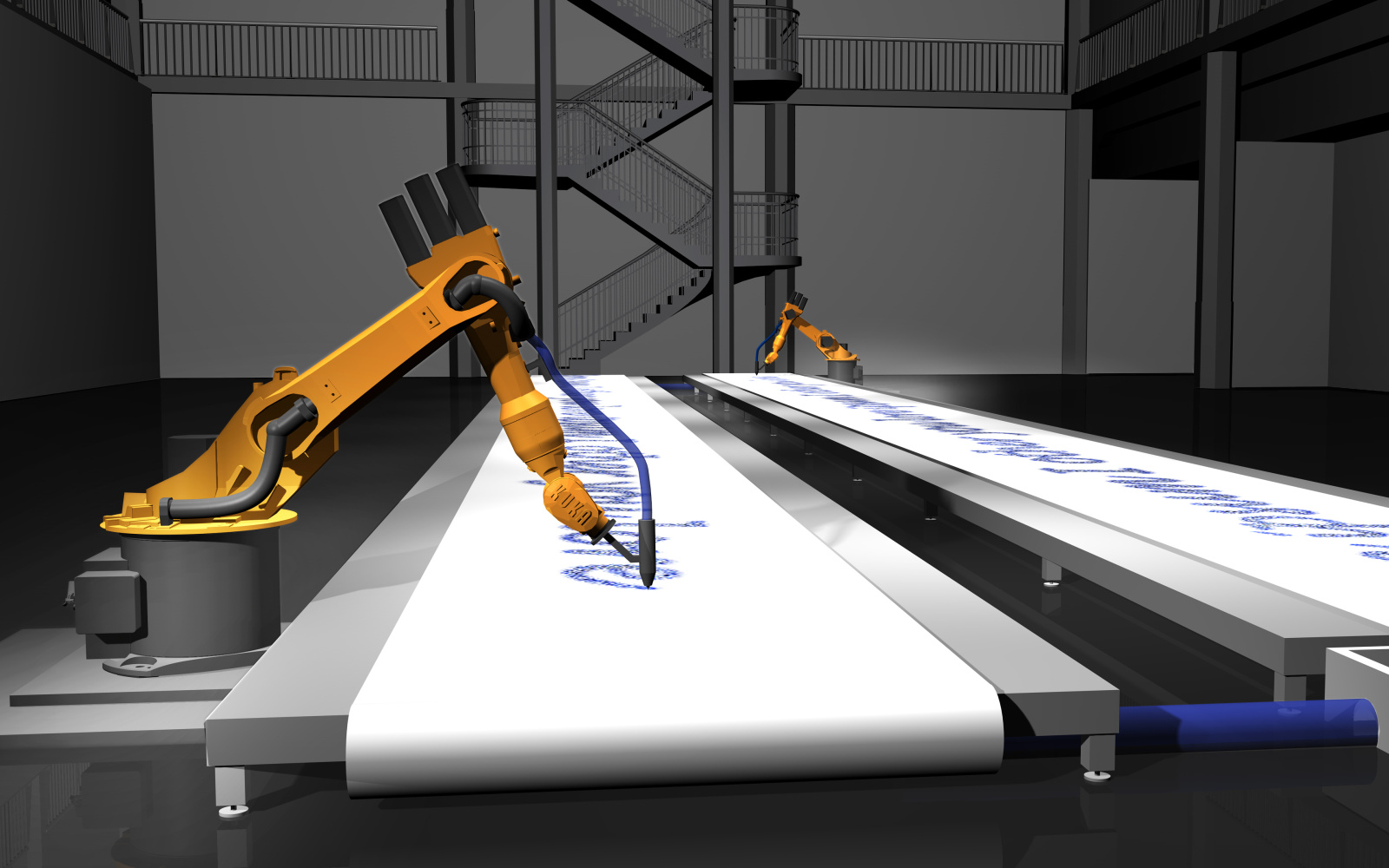 KUKA robots describe a paper conveyor belt.
