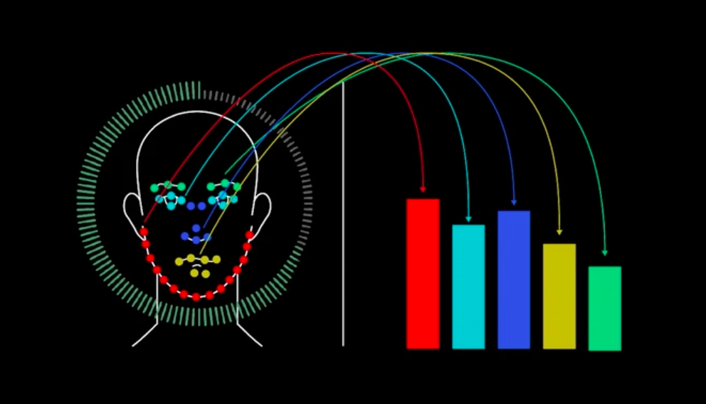 An infographic showing which physiognomic features are collected in order to group patterns with certain political behaviors.