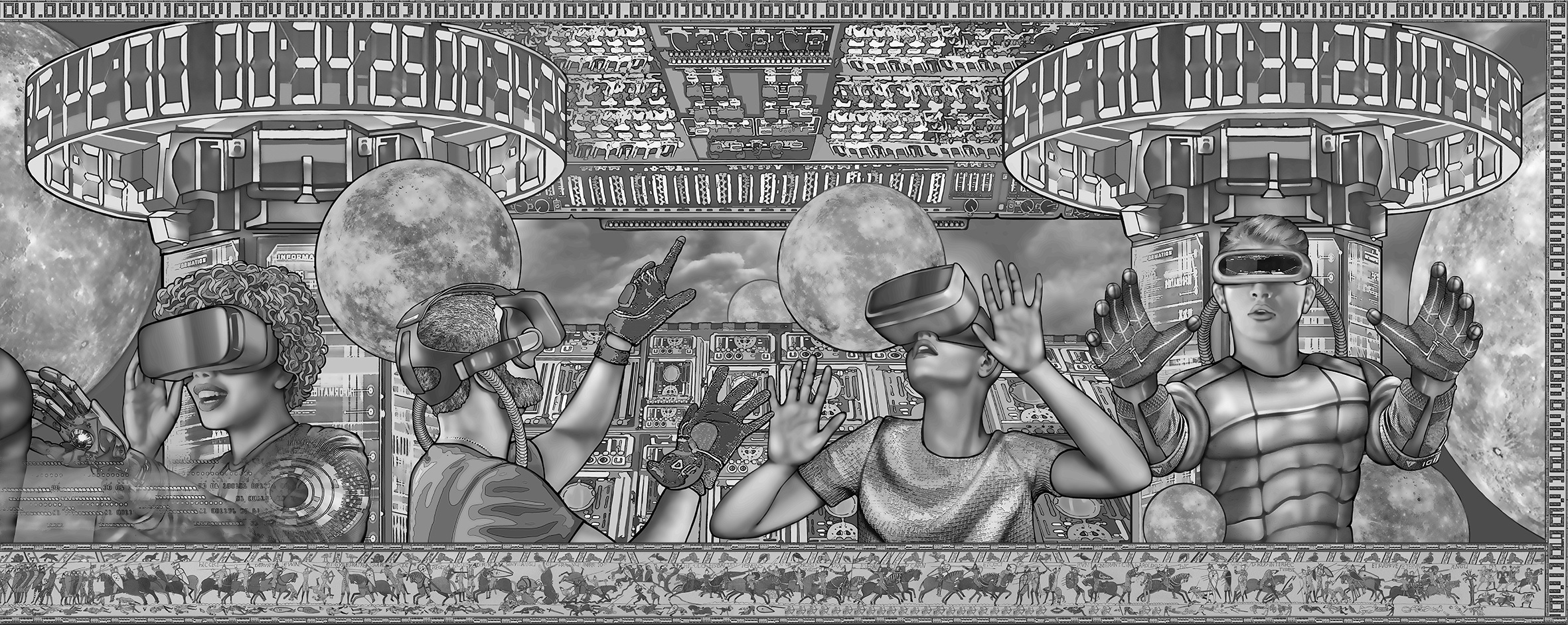 A black and white tapestry with people wearing VR glasses