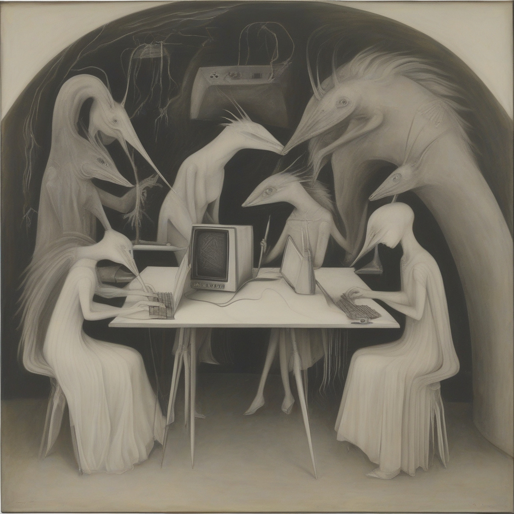 KI generiertes Bild prompted im Stil von LeonoreCarrington das 6 Gestalten in schwarz weiß zeigt