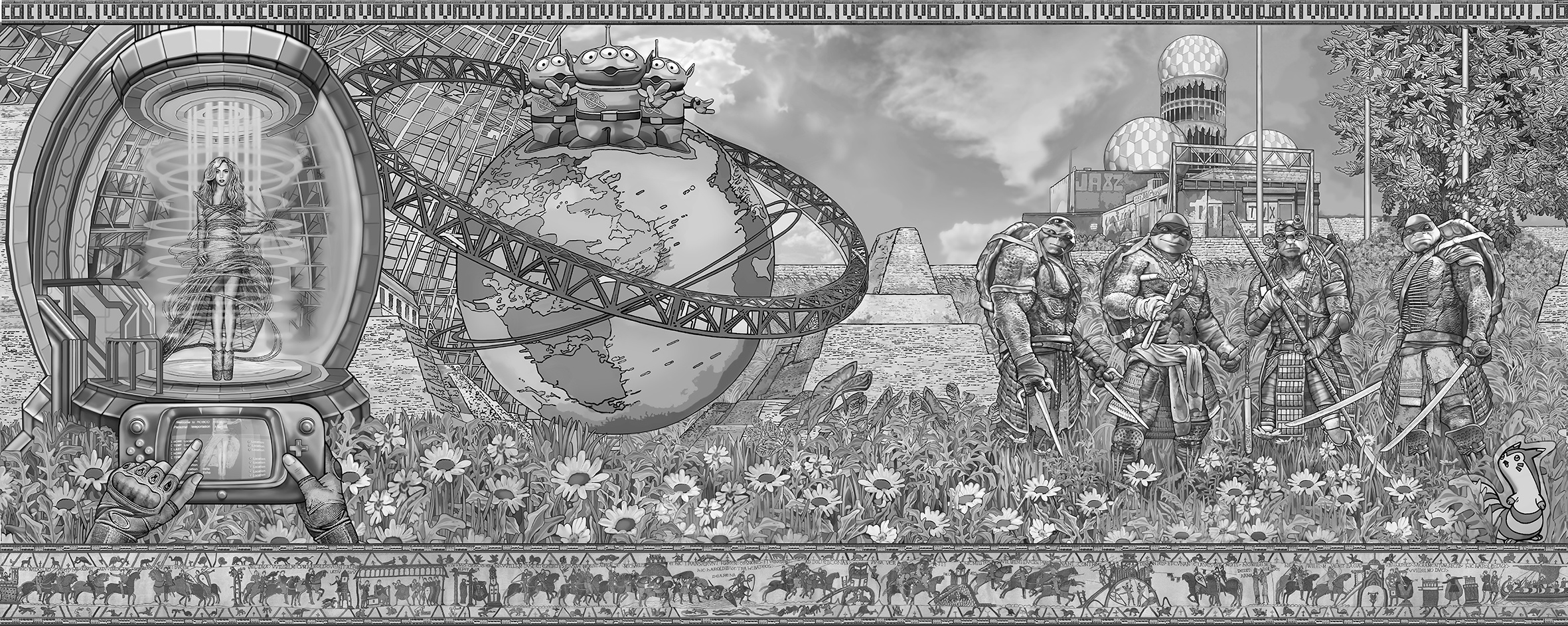 A black and white tapestry featuring the Ninja Turtles, among others