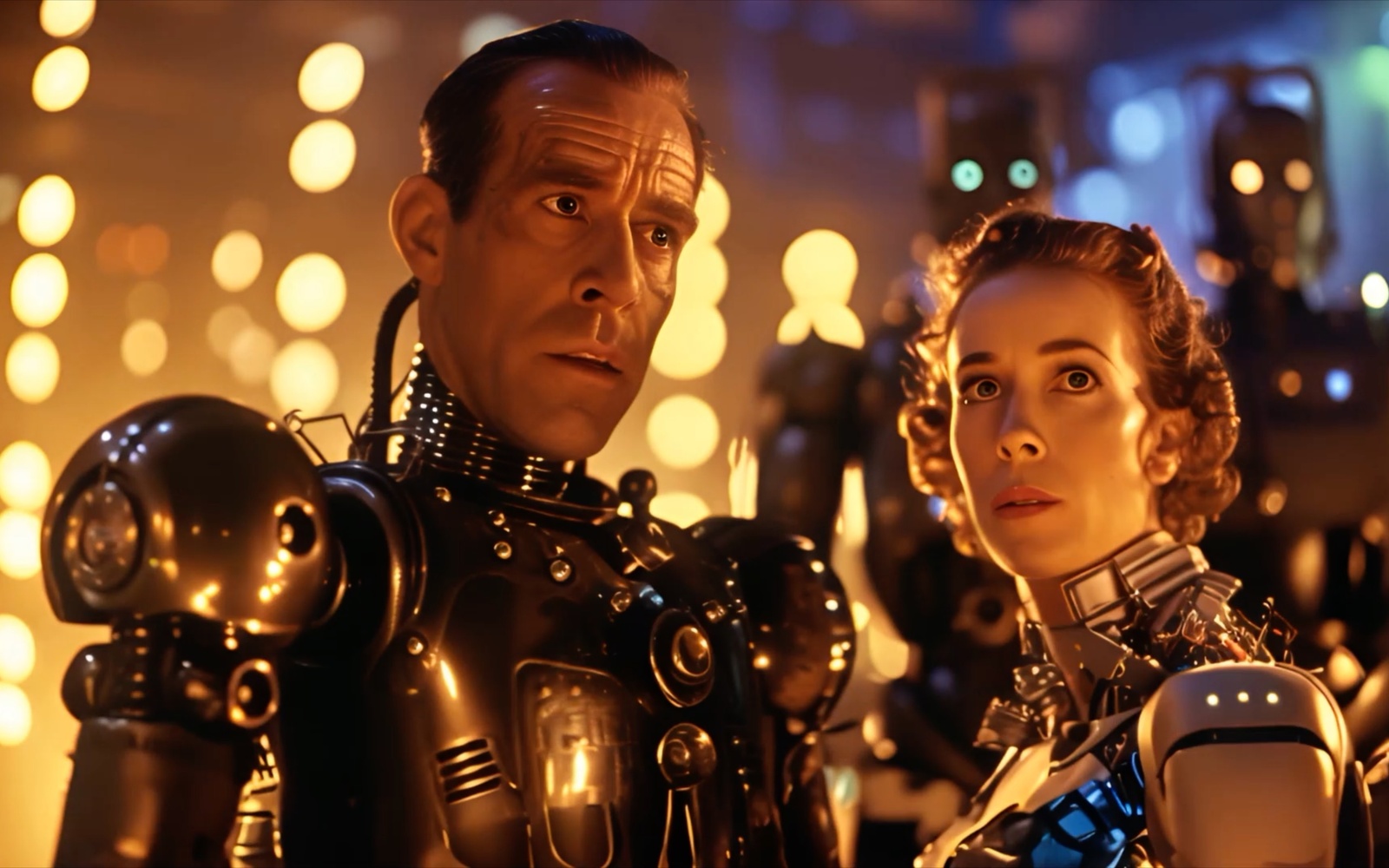 Zu sehen sind zwei Personen, die halb Roboter, halb Mensch sind. 