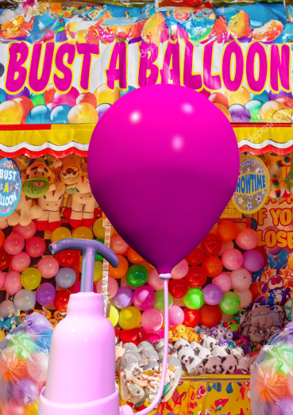Das Bild zeigt einen rosa farbenen Ballon auf buntem Hintergrund, das an eine Spielbude in einem Jahrmarkt erinnert.