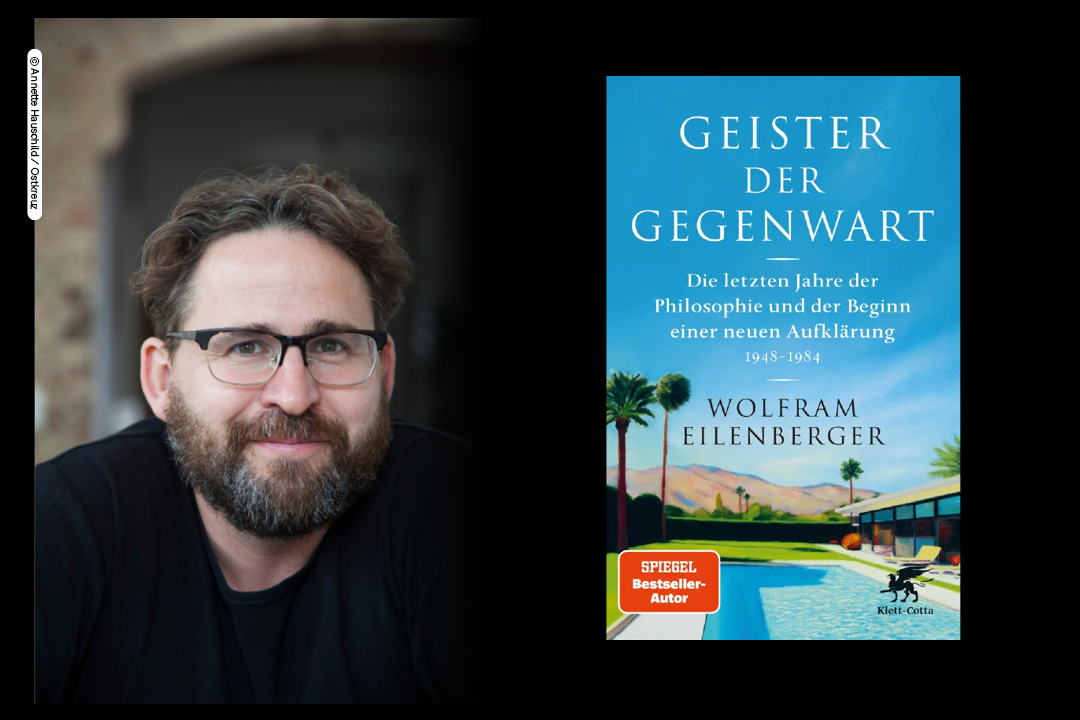 Zu sehen ist das Portraitfoto einer Person mit Brille und ein Buchcover.