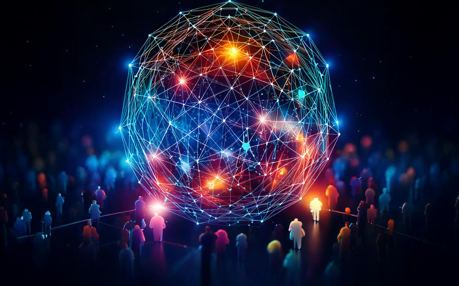 An abstract, AI-generated illustration showing a networked sphere with colourful lights.