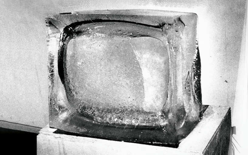 A giant ice cube looking like a tube television.