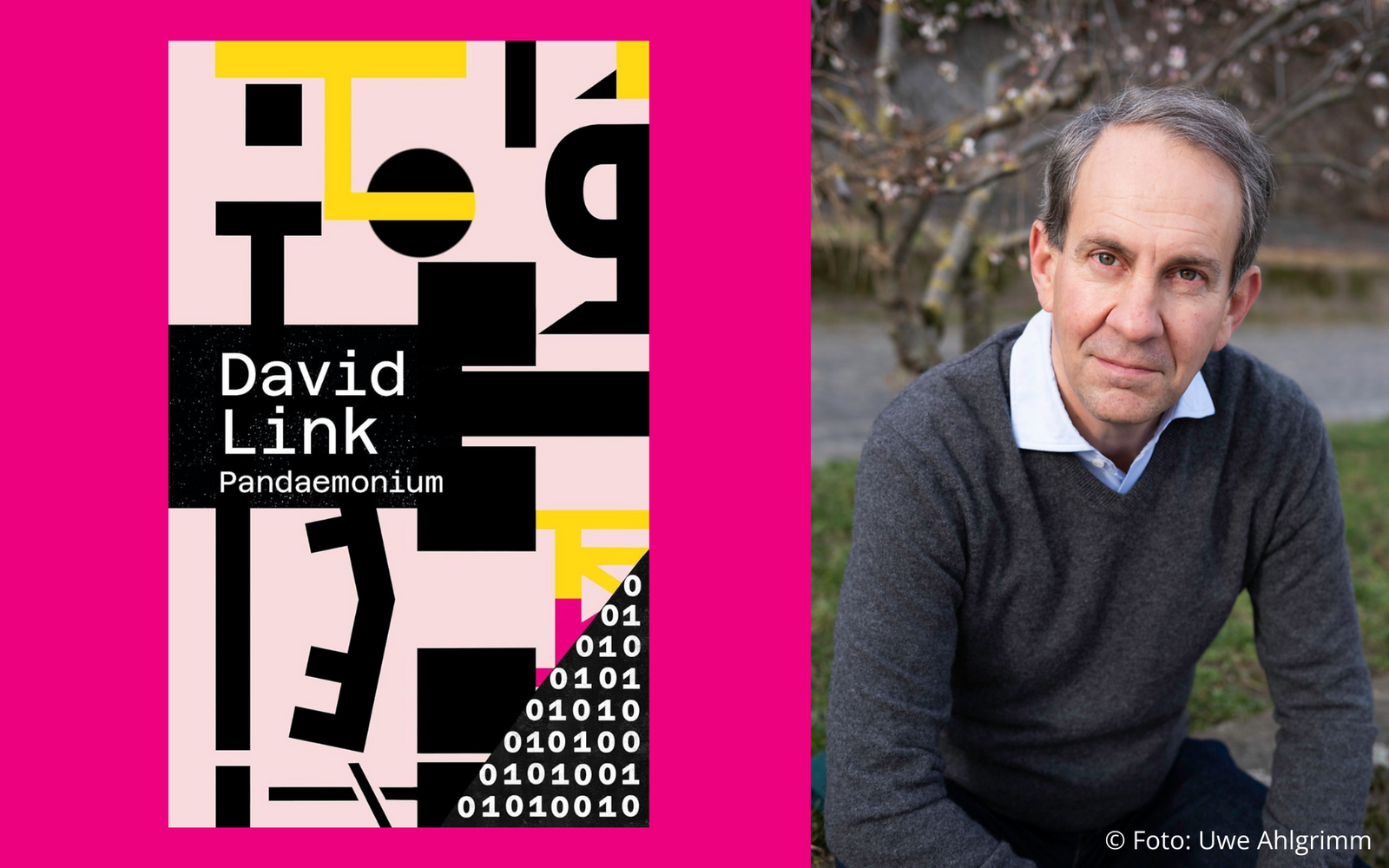 Portrait photo of the author and the book cover of “Pandaemonium”. 
