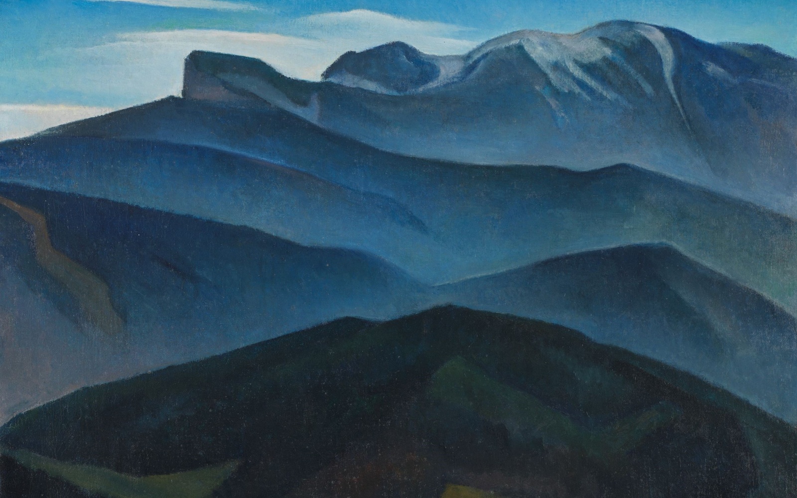 Zu sehen ist ein Kunstwerk, das Berge abbildet.  