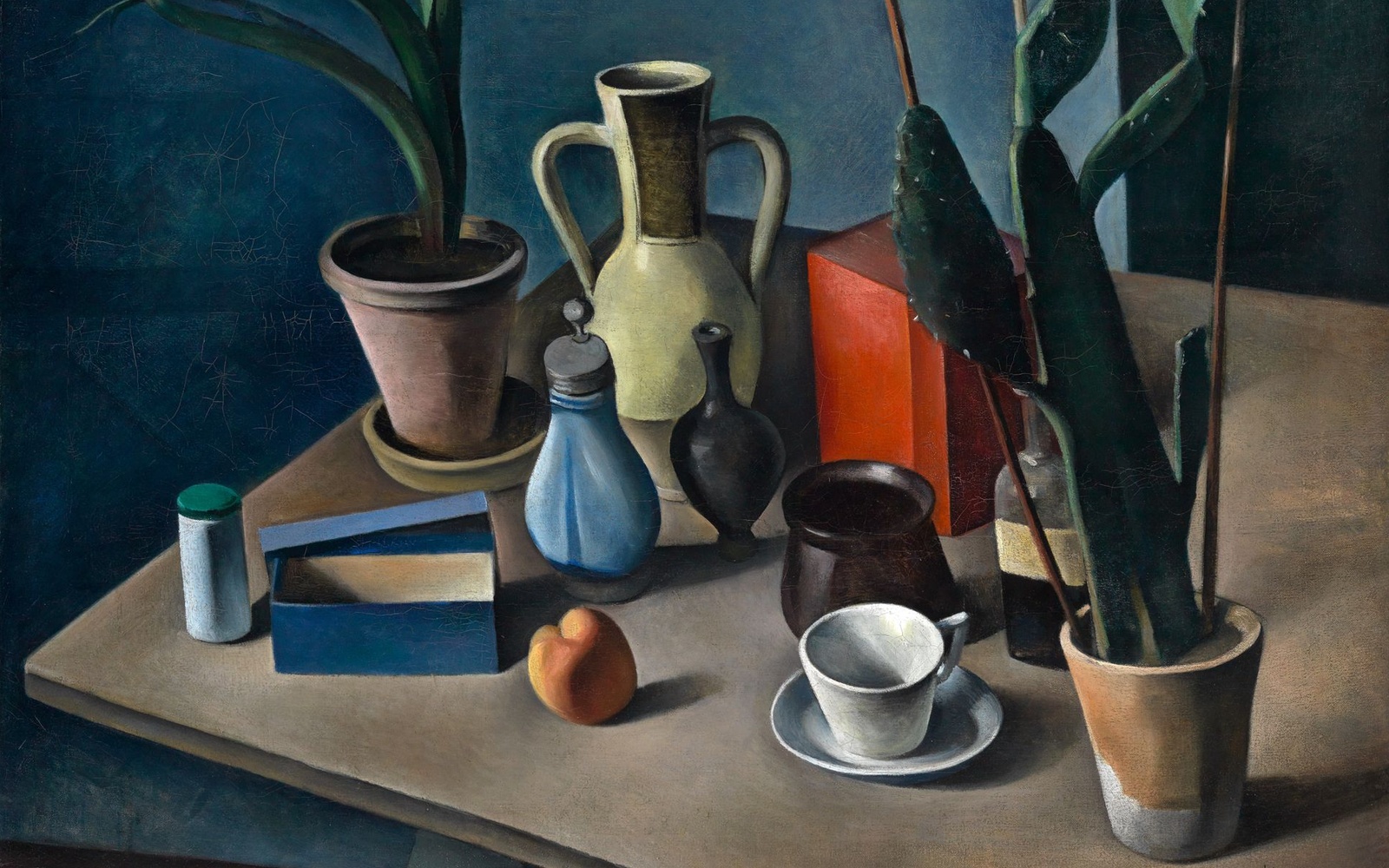 Large still life with jugs and red tea caddy