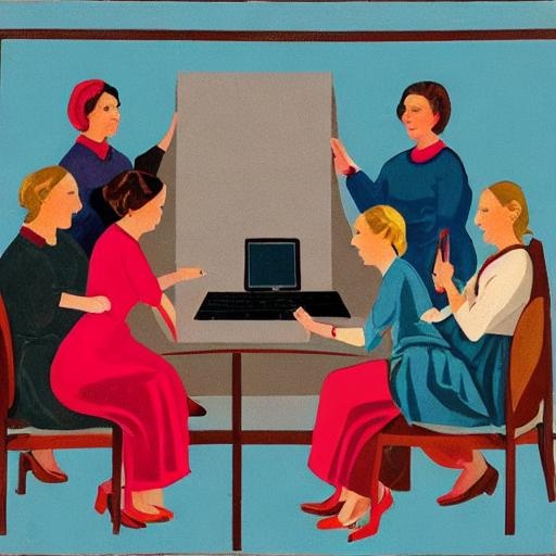 Painting of six women sitting at a computer