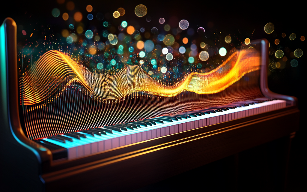 Zu sehen ist ein beleuchtetes Klavier mit leuchtenden Klangwellen und bunten Lichtpunkten, die Musik visuell darstellen.