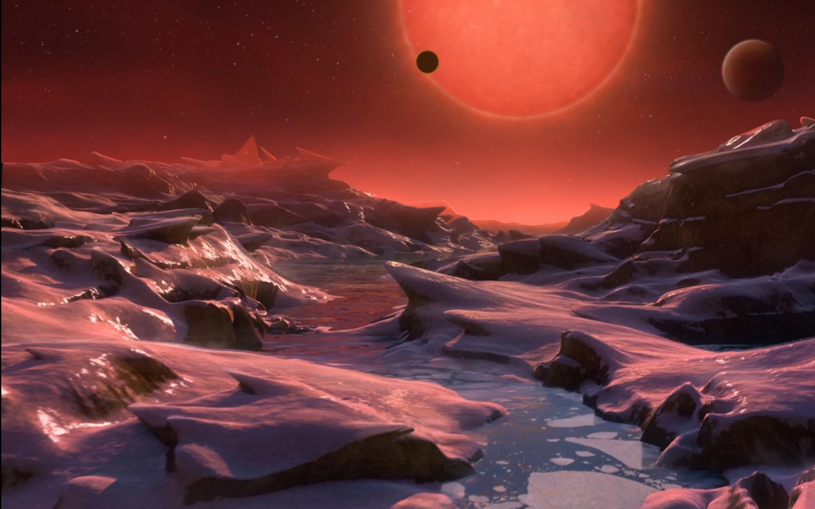 Eine Phantasielandschaft unter rotem Himmel mit roter Sonne und diversen Planeten