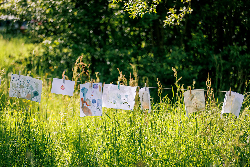 Zu sehen sind Bilder, die an einer Leine über hohem Gras auf einer Wiese hängen.