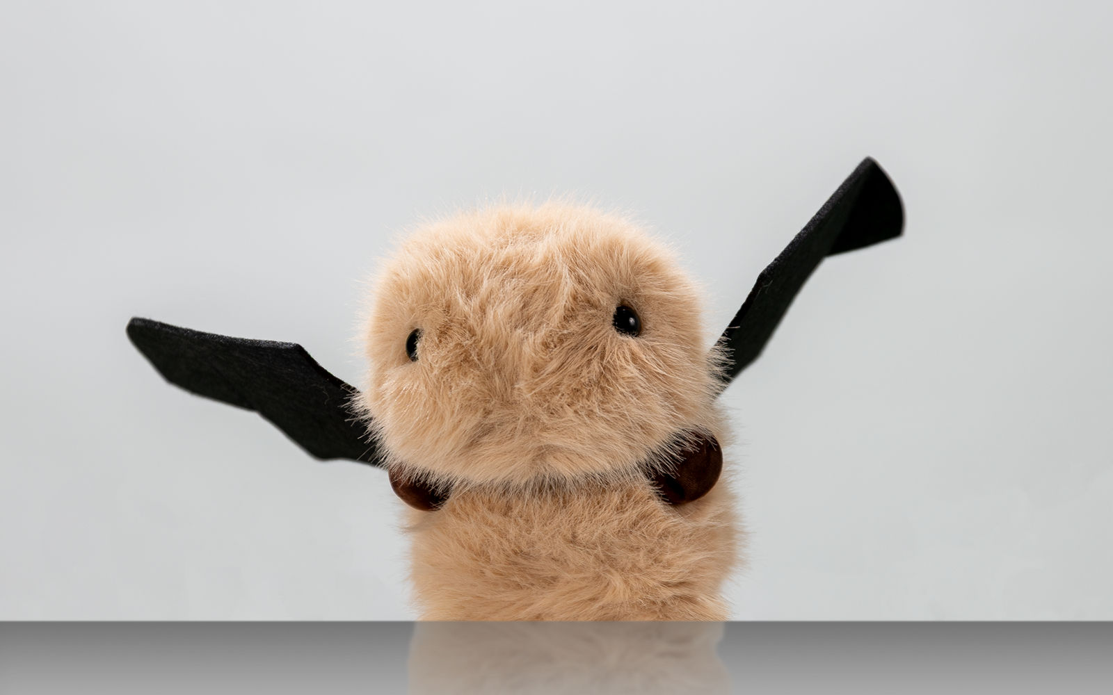 Porträtfotos eines Kuscheltiers vor weißem Hintergrund.