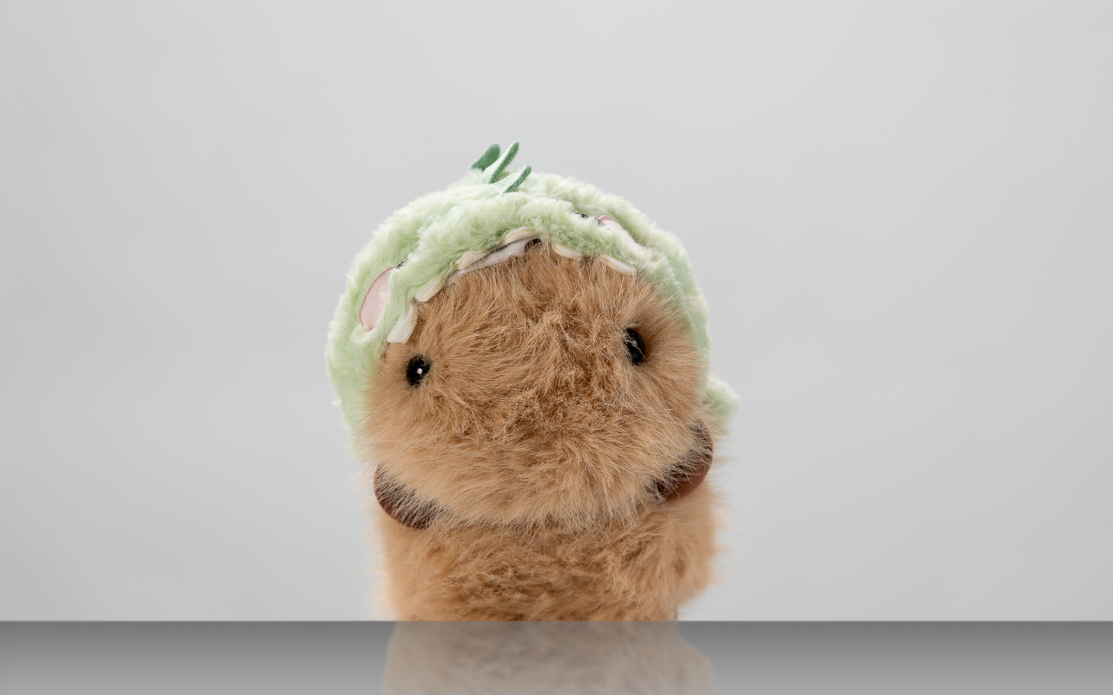 Porträt eines Kuscheltiers vor weißem Hintergrund.