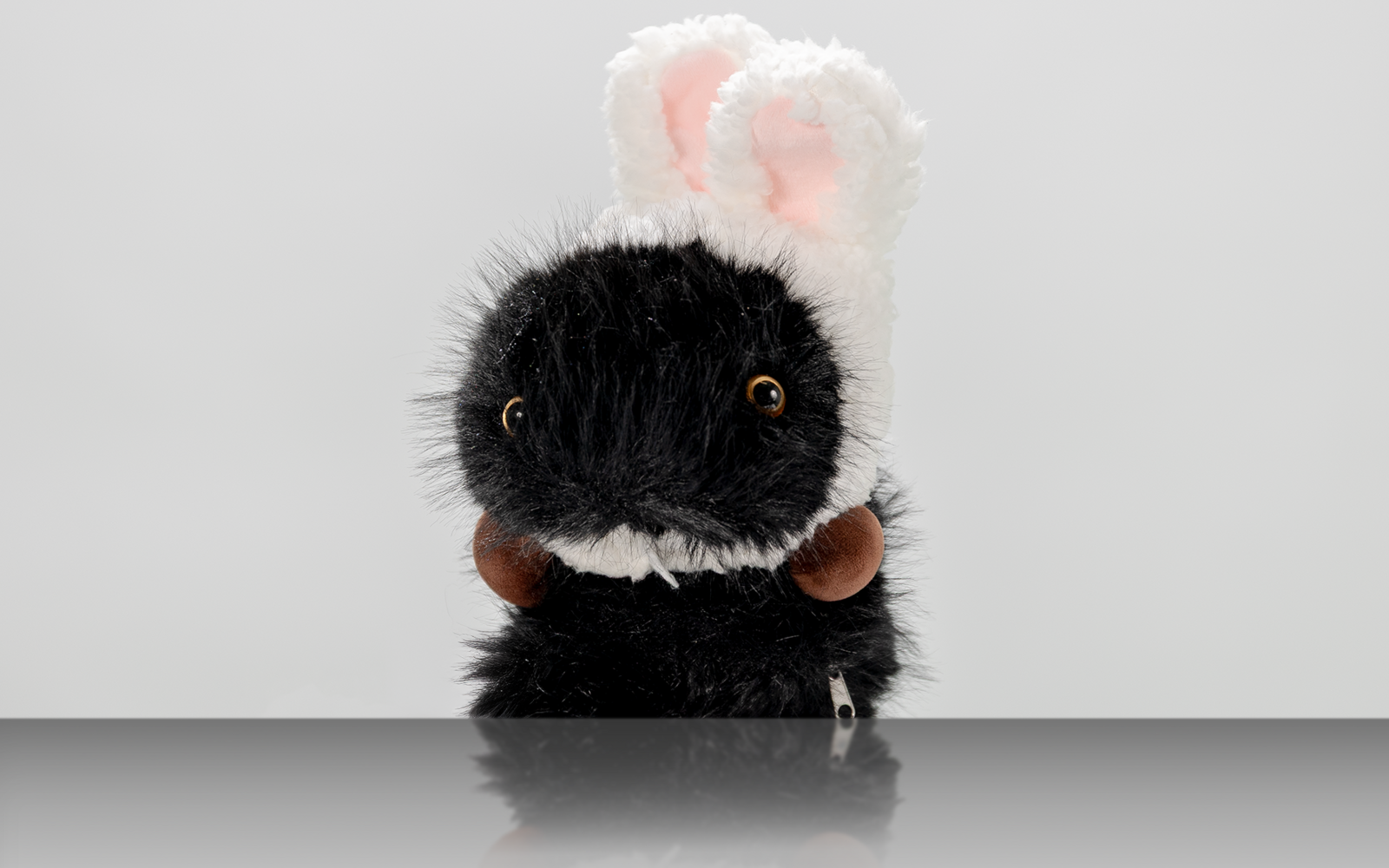 Porträt eines Kuscheltiers vor weißem Hintergrund.