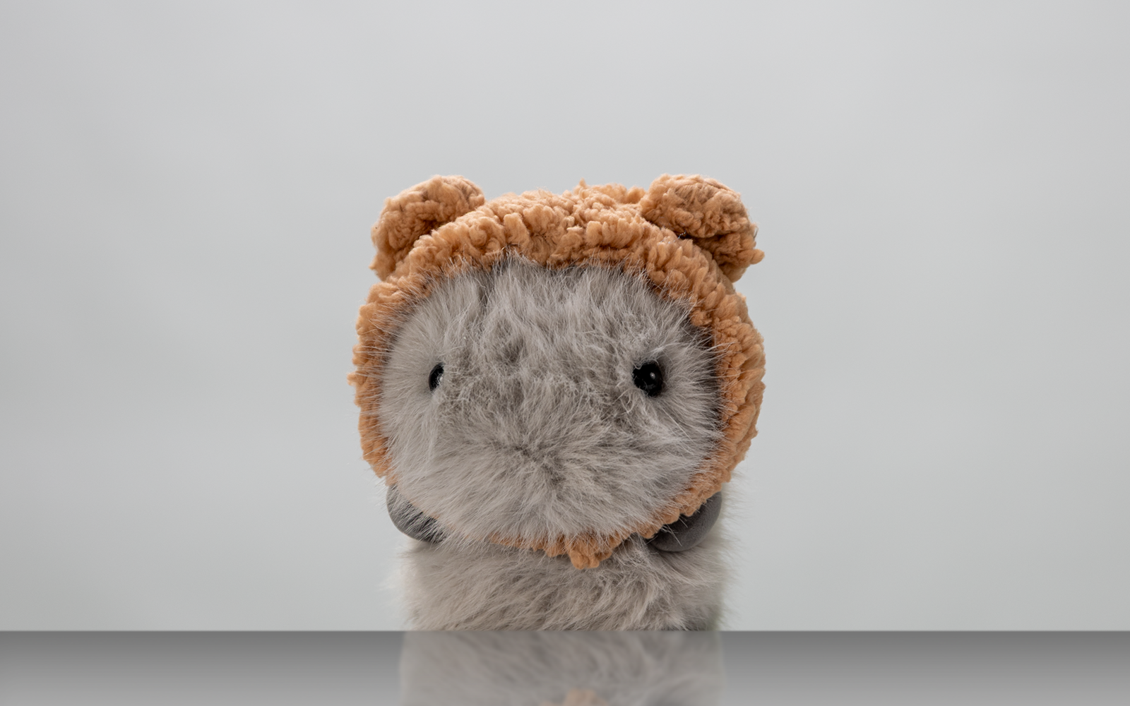 Porträt eines Kuscheltiers vor weißem Hintergrund.