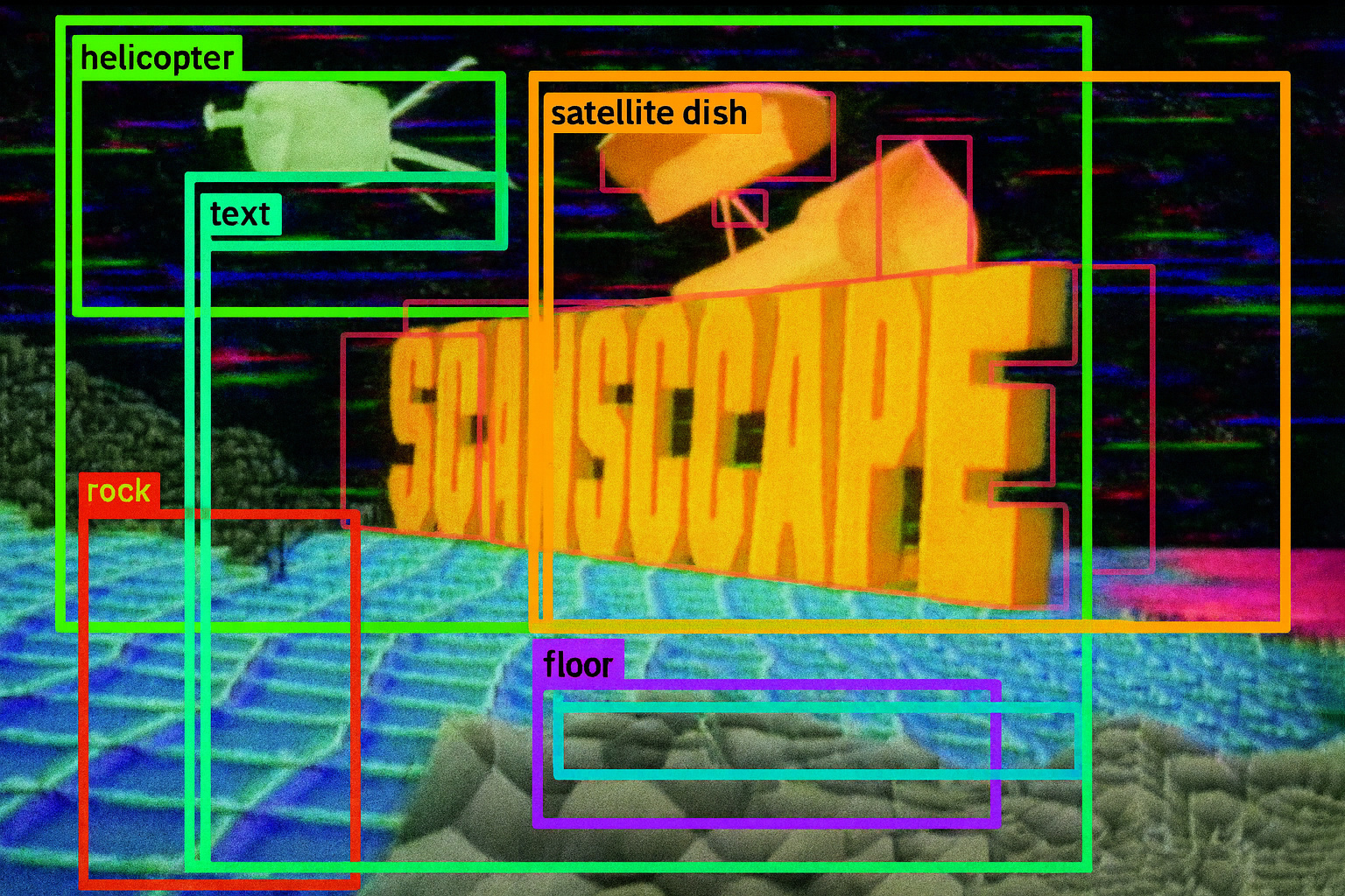 Eine Schrift schwebt über einer Weltraumlandschaft. Darüber ein Raster einer KI, die die Objekte erkennt.