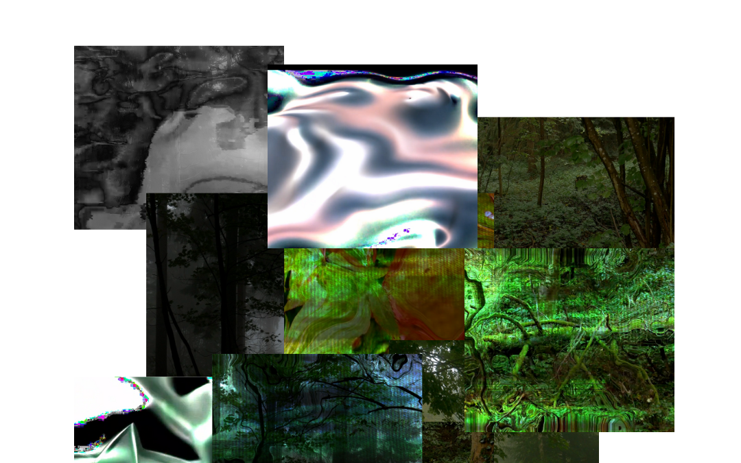 A collage of overlapping forest images with digital interference effects.