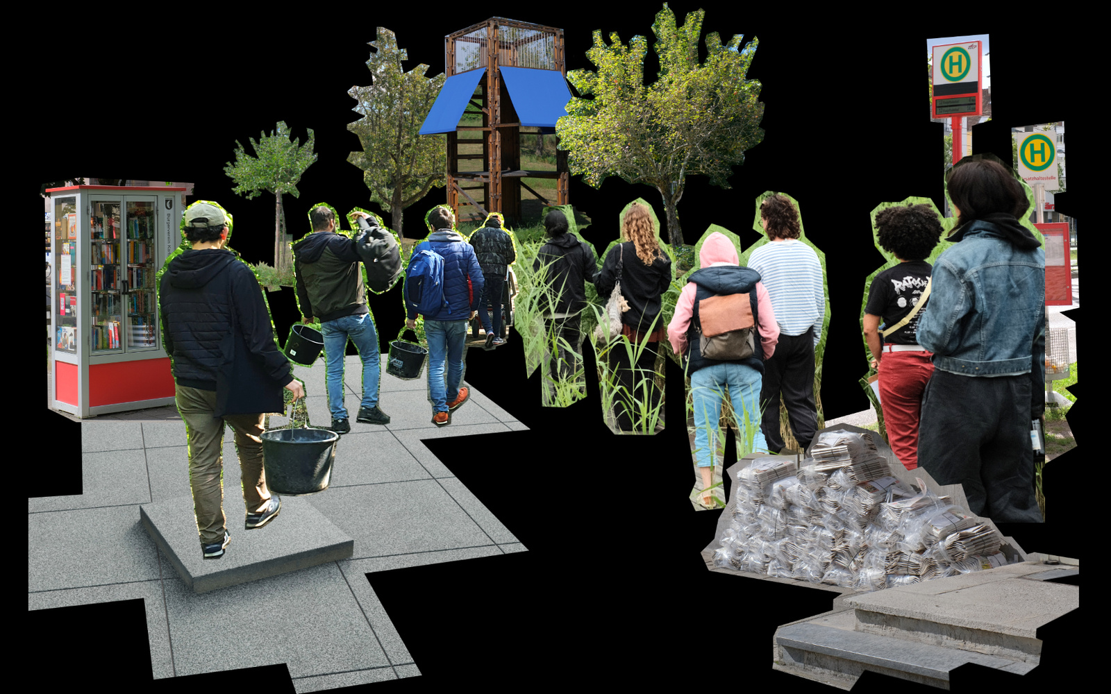 Zu sehen ist eine Fotocollage von Menschen, welche in einer Gruppe laufen und Elementen wie einer Bushaltestelle auf schwarzem Hintergrund.