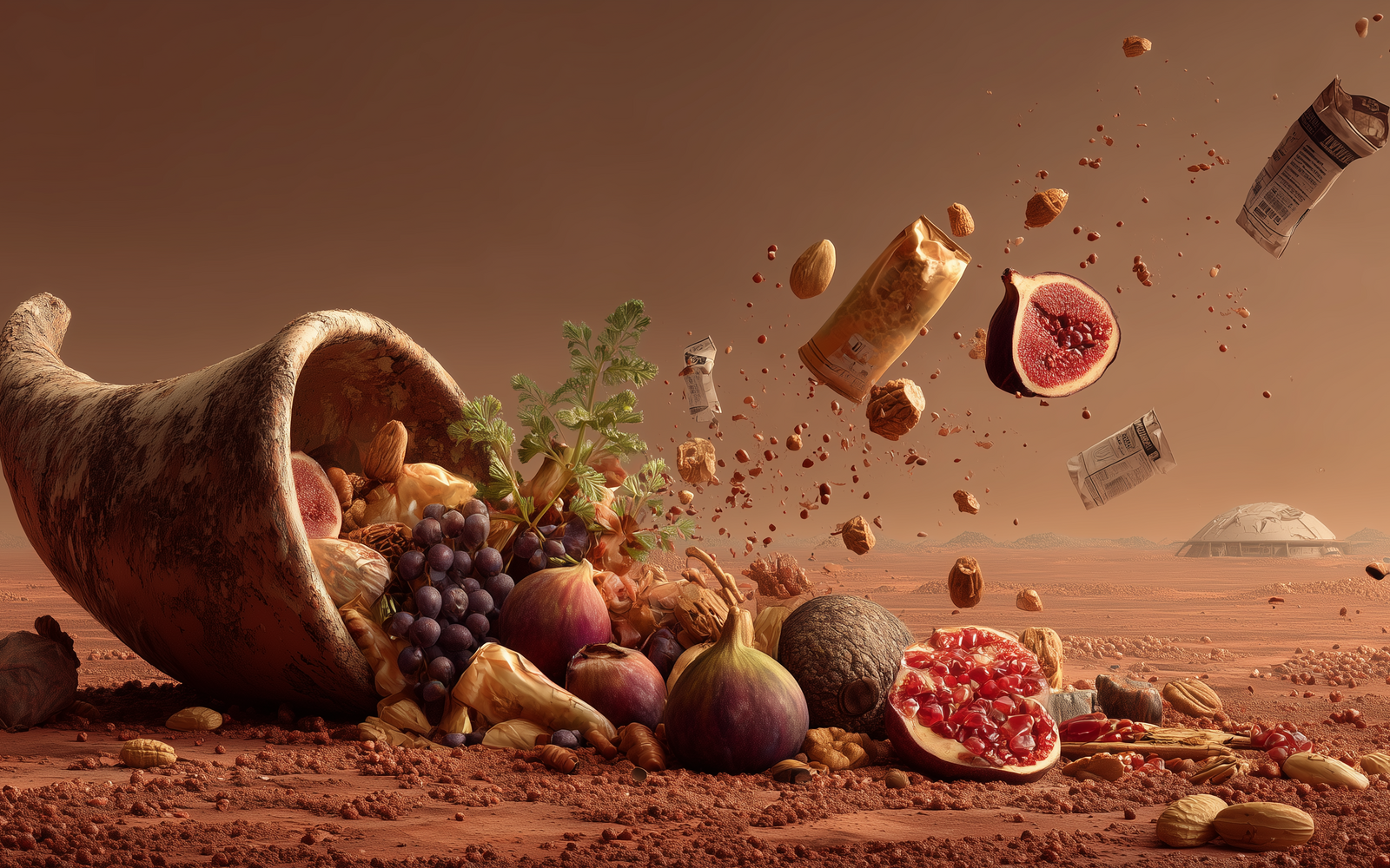 Ein Füllhorn voller Lebensmittel, das auf einer Marslandschaft ausgeleert wird.
