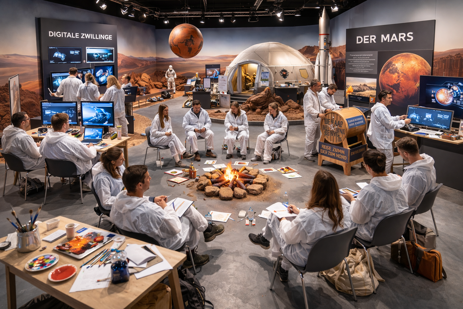 Ein KI-generiertes Bild, das viele Menschen zeigt, die gemeinsam am Thema Mars arbeiten. 