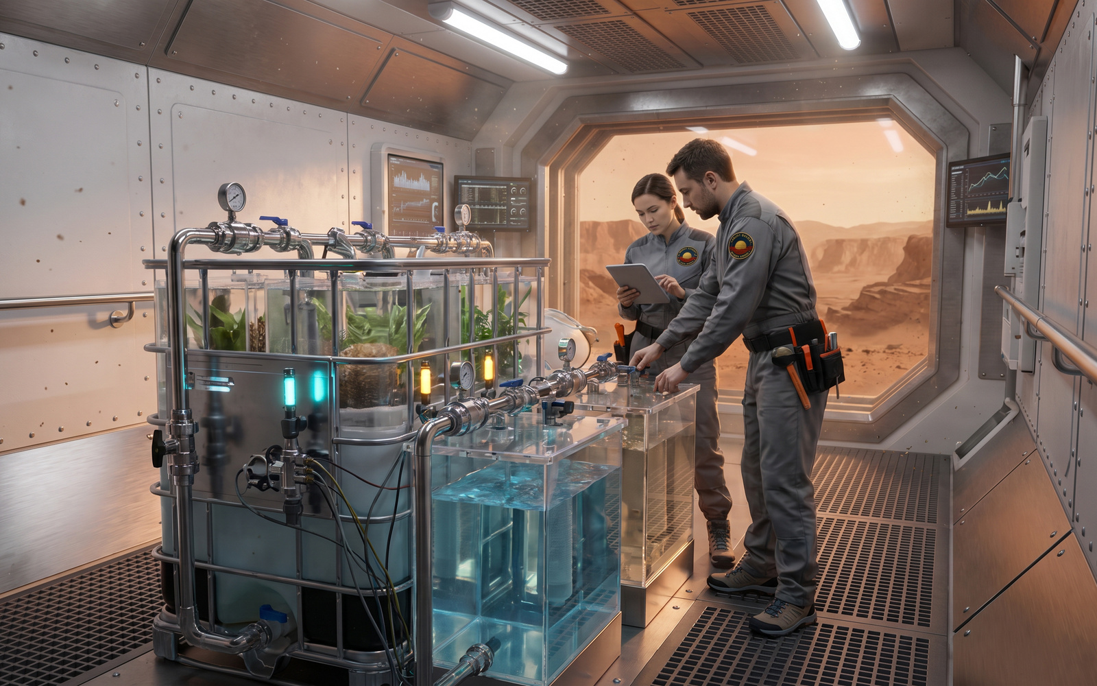 Two people in spacesuits standing in front of a water filtration system.