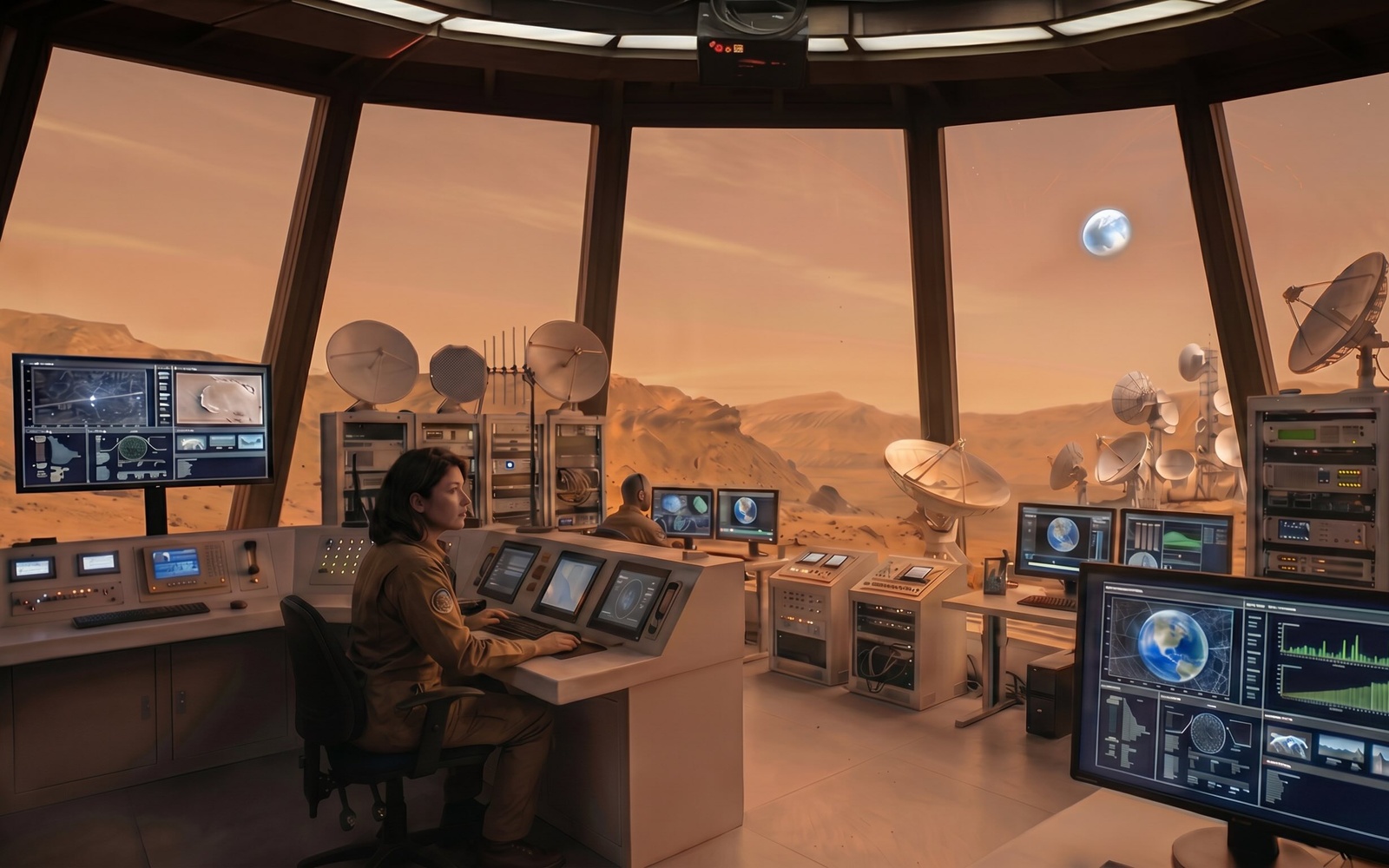 A woman sitting inside a space station