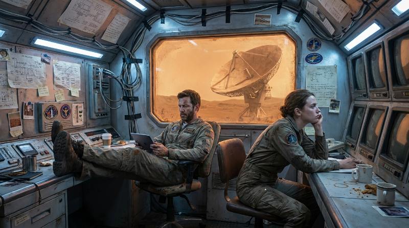 A man and a woman sitting in a space station.