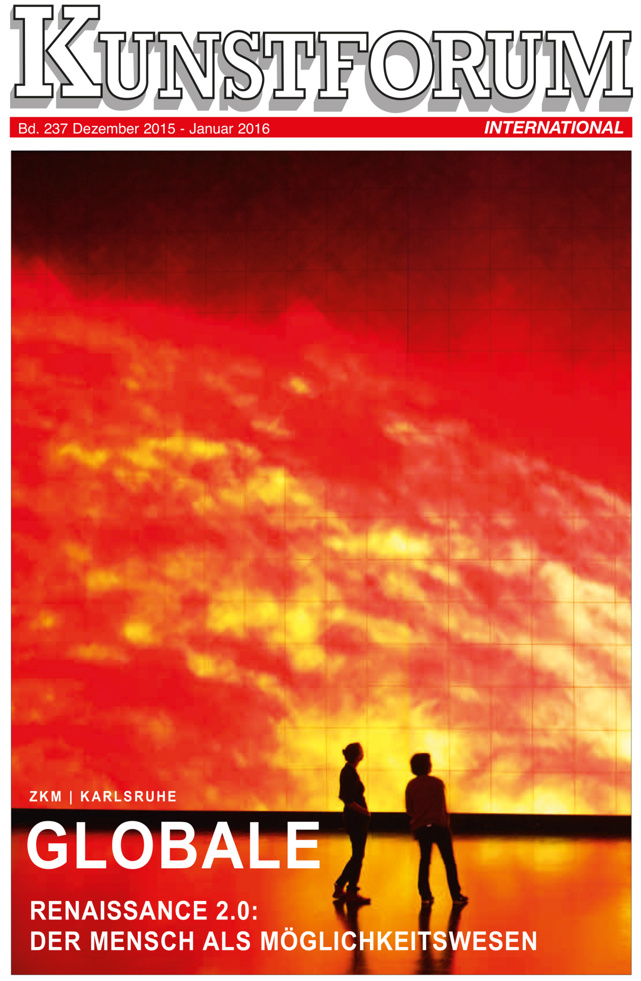 Cover of the magazine »Kunstforum«: Two people standing in front of a projection showing solar flares.