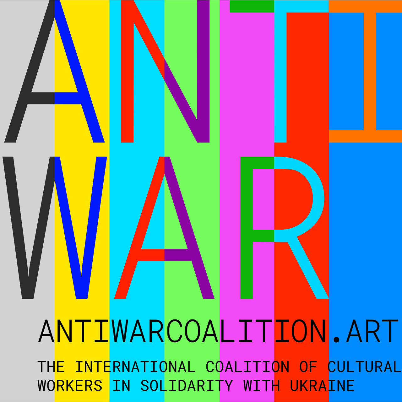 Zu sehen ist ein buntes Logo der antiwarcoalition.art. 