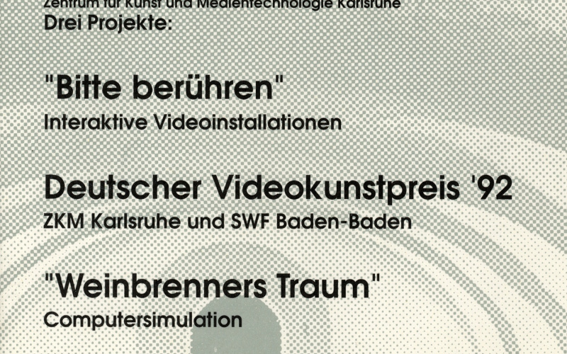 Cover der Publikation »Drei Projekte. 'Bitte berühren', interaktive Videoinstallationen. Deutscher Videokunstpreis '92, ZKM Karlsruhe und SWF Baden-Baden. 'Weinbrenners Traum', Computersimulation«