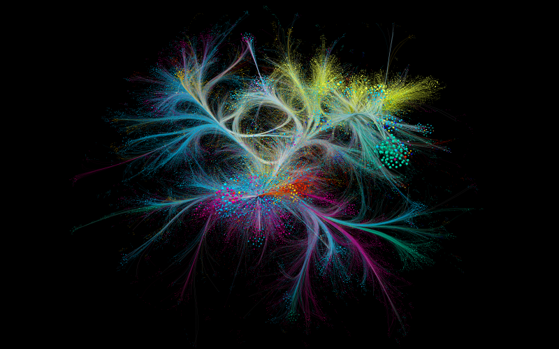 A visualization of a network is shown. The edges of the network are colored in different colors.