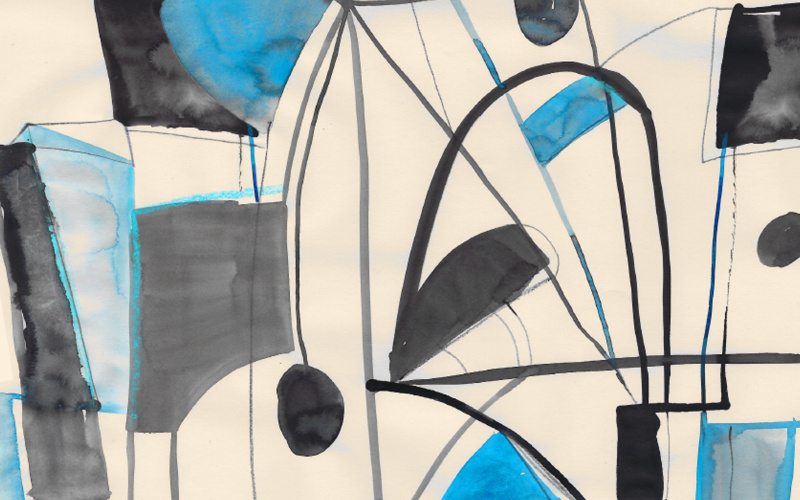 An abstract painting with black and blue forms against a white background.