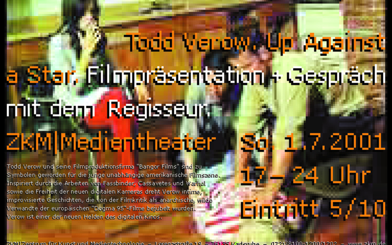 Plakat zur Veranstaltung »Todd Verow - Up Against a Star«: Im Hintergrund ein Filmstill mit drei Personen.