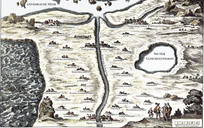 Eine kolorierte Landkarte aus dem 17. Jahhundert. Die Namen der Dorfer und Gewässer sind Bezeichnungen von Gefühlen.