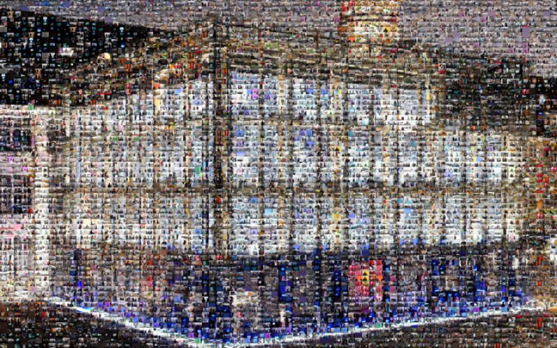 Der ZKM_Kubus als Mosaik: Aus vielen verschiedenen anderen Bildern zusammengesetzt.
