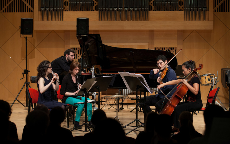 Five musicians during a concert