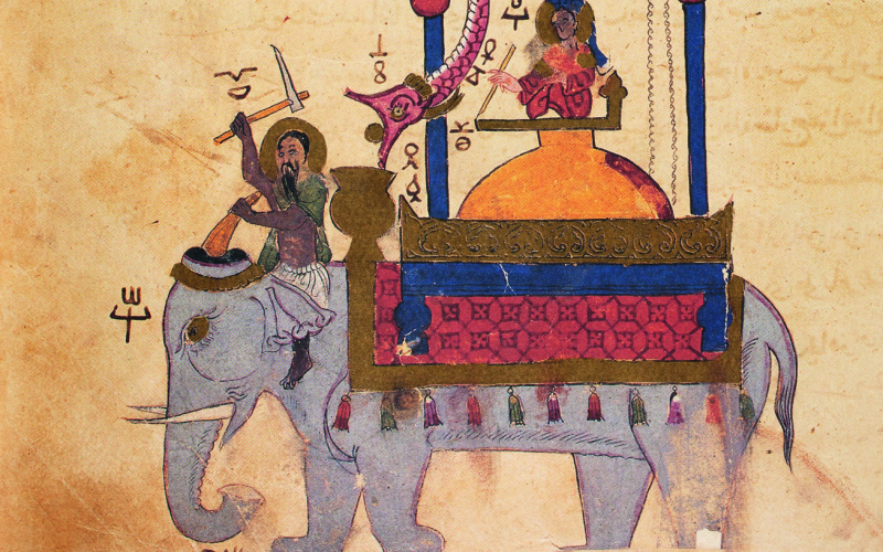 Auf dem Rücken eines Elefanten eine Sänfte mit drei Personen