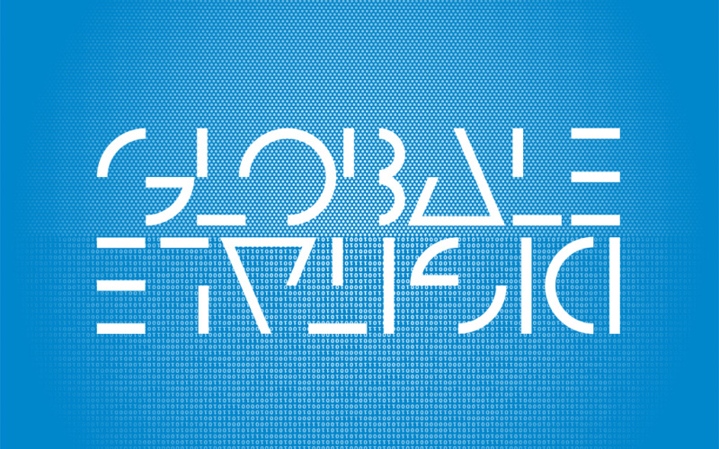 White letters on blue ground: GLOBALE and upside-down DIGITALEe-down DIGITALE