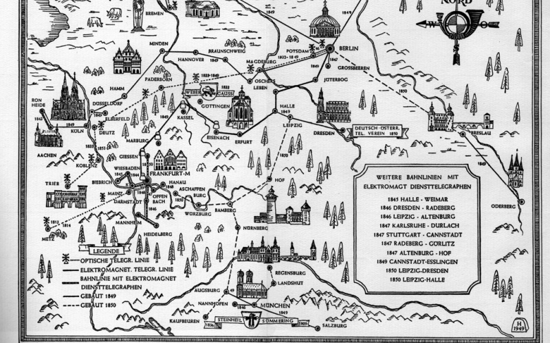 A historical map of Germany with marked telegraph lines