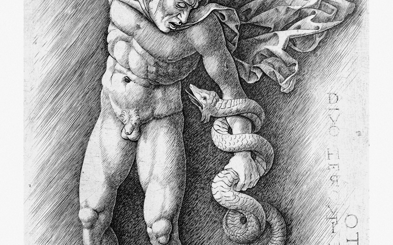An engraving of a naked man who fights with a snake