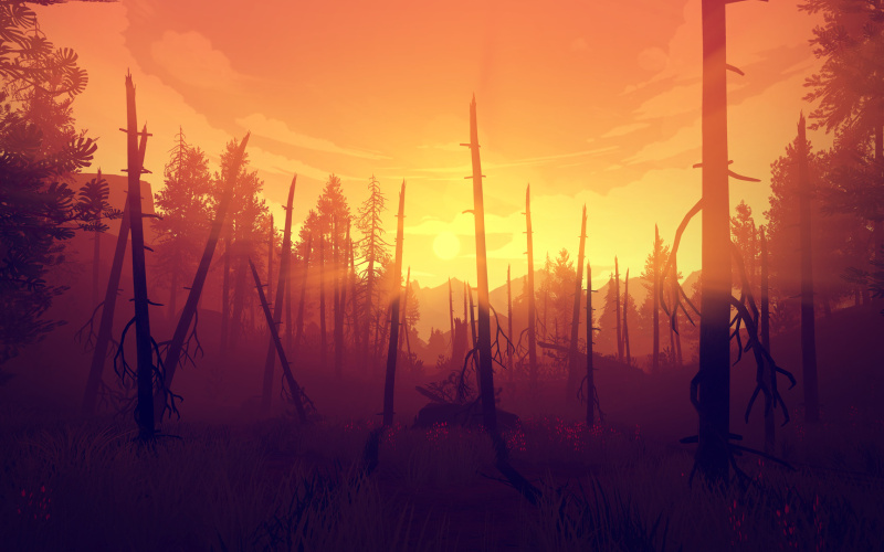 Screenshot: tote Bäume und warme Strahlen des Sonnenuntergangs.
