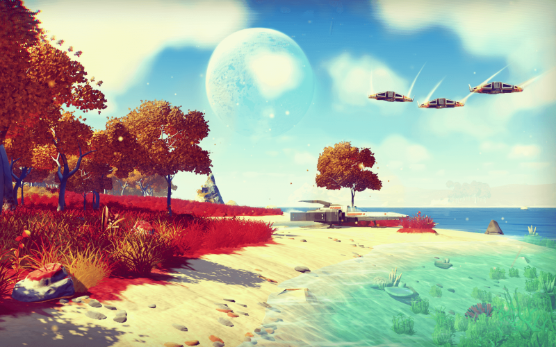 Three spaceships fly above a sunny planet