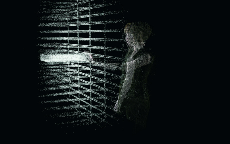  A silhouette of a woman from codes stands in front of a grid of codes.
