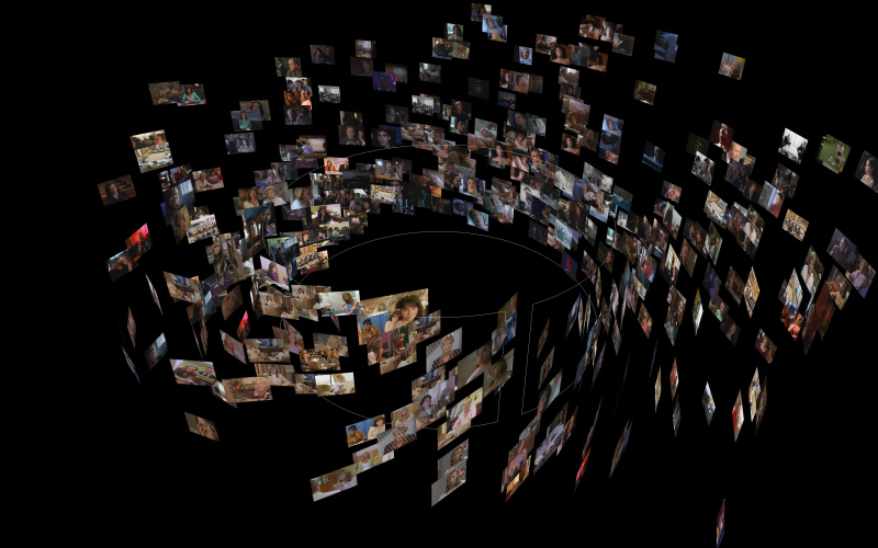 Swirl of different images in black space.