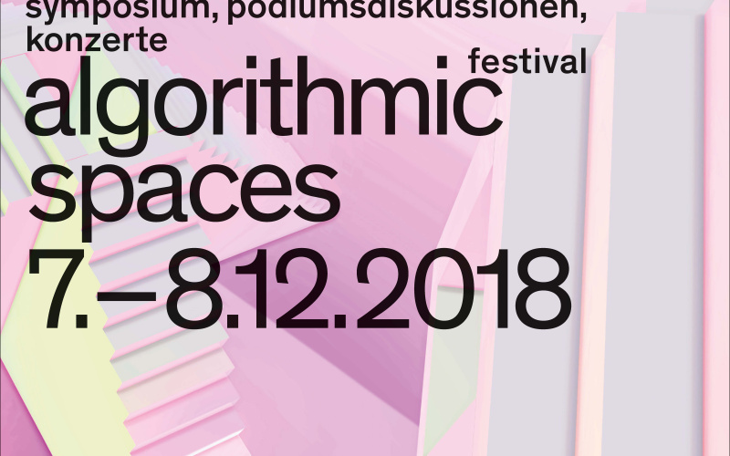 Cover der Publikation: inSonic 2018: algorithmic spaces. Schwarze Schrift auf hell-lila, hell-rosa, gelber, blauer Grafik