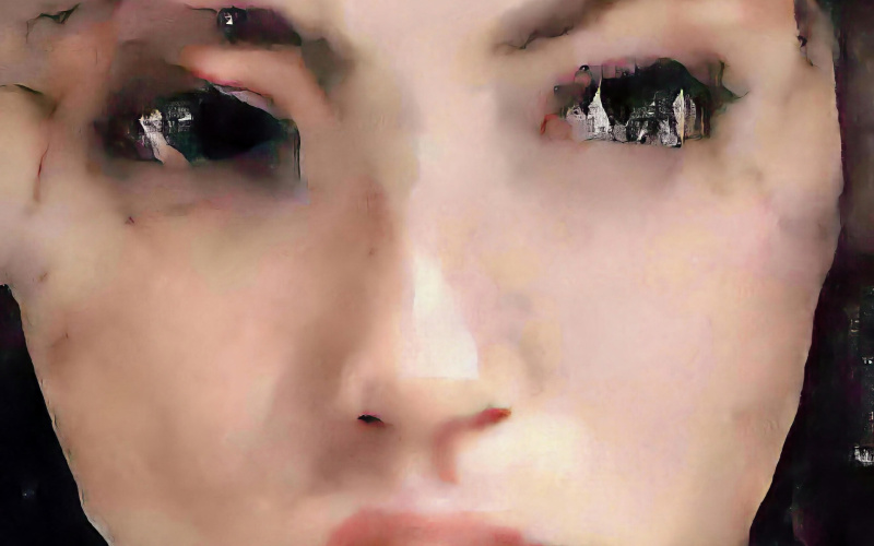Face of a woman. The portrait, which looks like a painting, was created with the help of artificial intelligence.