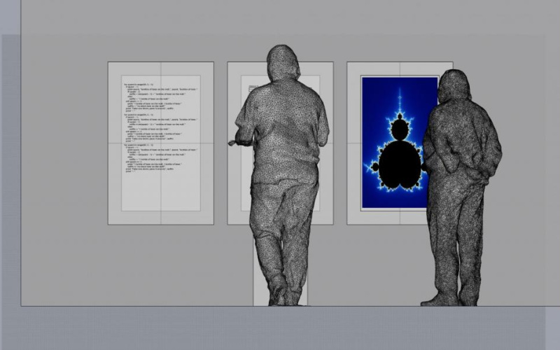 Graphical representation of two people in front of a wall installation