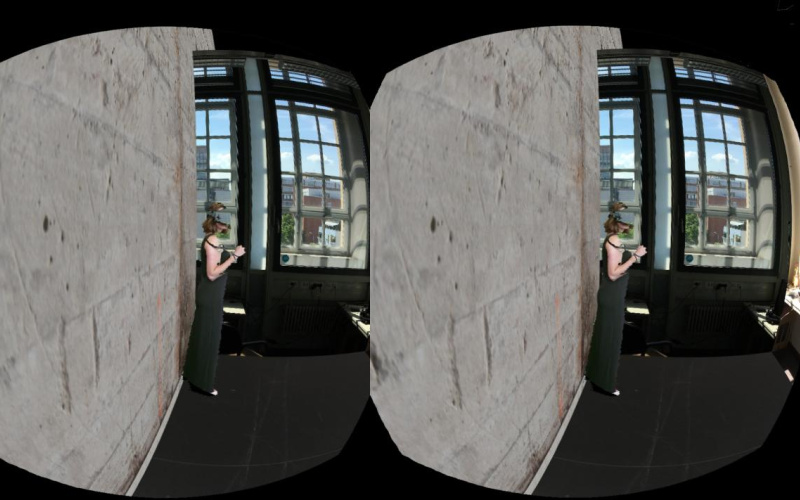 two-part representation of a woman with VR glasses in a room